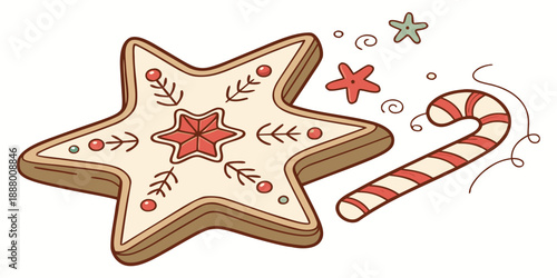 Decorated star-shaped gingerbread cookie with candy cane