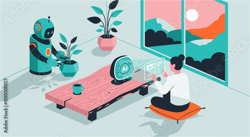 A futuristic scene where a woman interacts with a transparent screen while a friendly robot waters a plant in a modern, minimalist room with a scenic window view.