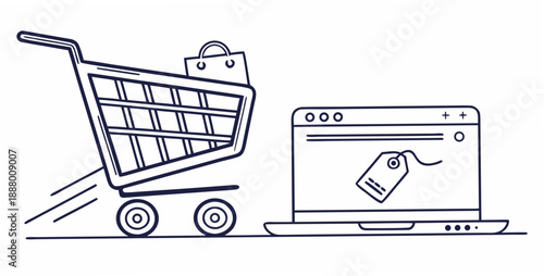 Online shopping cart and laptop