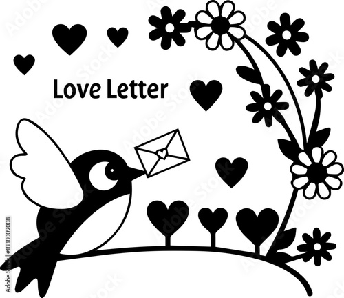 SVG vector illustration of a Valentine bird holding a love letter.Bird on Mailbox with Love Letter for Romantic Themes