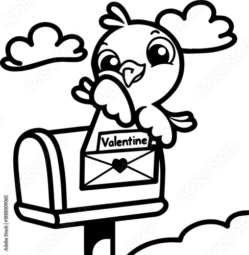 SVG vector illustration of a Valentine bird holding a love letter.Cheerful Bird Sitting on Love Envelope Illustration