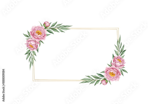 Pink peony floral frame with corner flower arrangements and green leaves on transparent background