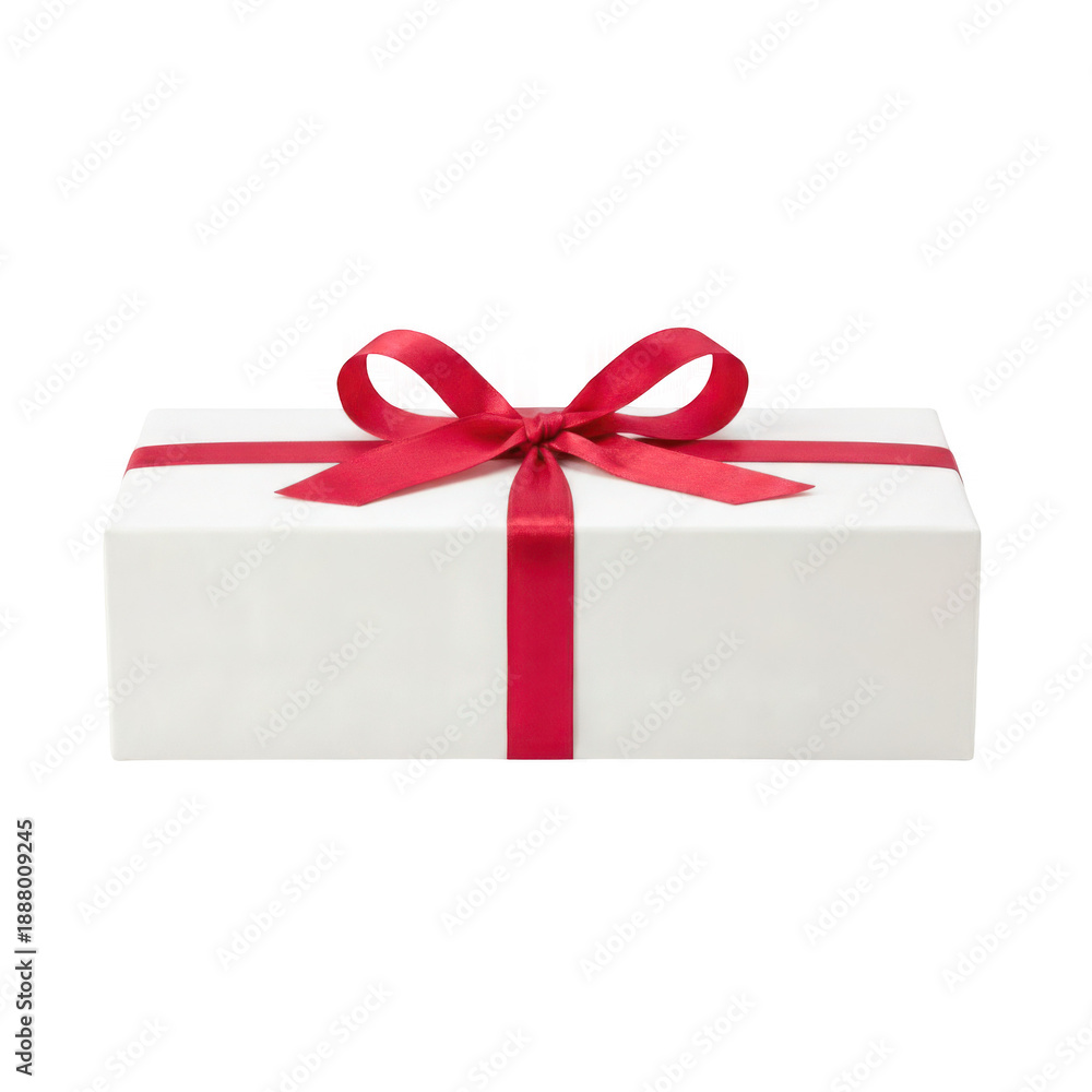 Obraz premium A beautifully wrapped rectangular gift box tied with a vibrant red ribbon on transparent background