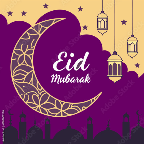 Happy Eid Mubarak, a crescent moon, lanterns, and mosque silhouette illustration celebrating Islamic festival