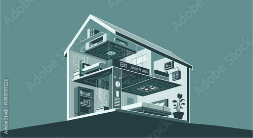 An intricate cross-section illustration of a modern smart home, showcasing various rooms and integrated technological systems for efficient living.