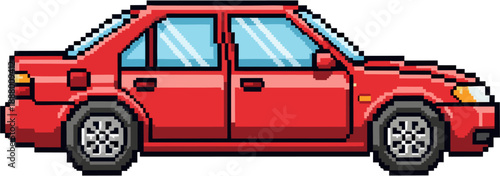 A vibrant red pixel art car, showcasing a classic sedan silhouette from a side profile, perfect for retro gaming or digital art projects