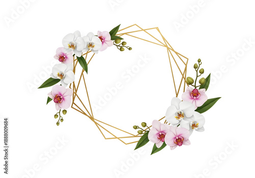 Gold geometric frame with pink and white orchid flowers png on transparent background