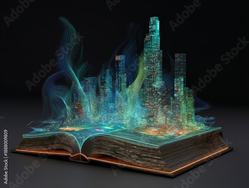 Vibrant cityscape emerges from glowing digital book pages
