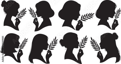 Silhouettes of women holding leaves in their hair profiles