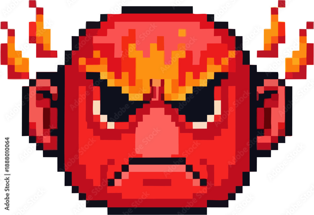 Fototapeta premium Pixelated angry red face with flames, representing intense frustration and rage
