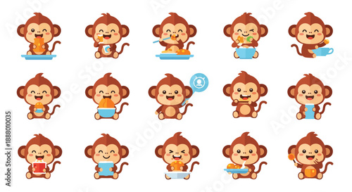 Set of Monkeys Eating Food Vector Icons