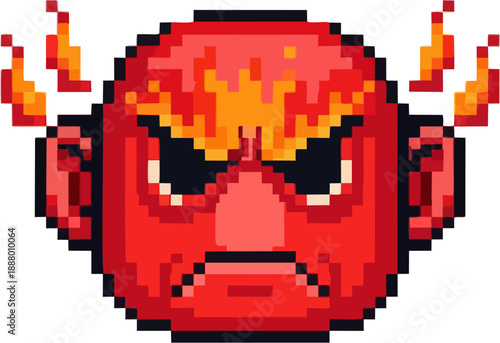 Pixelated angry red face with flames, representing intense frustration and rage