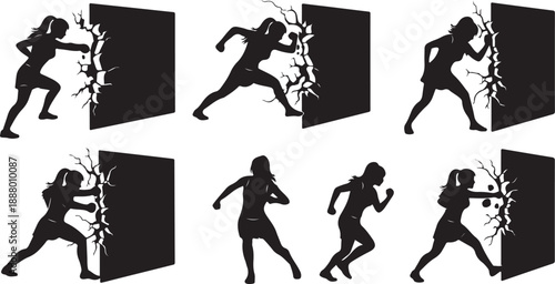 Silhouette of woman breaking through wall in various motions