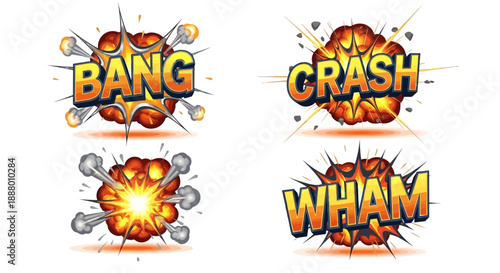 Comic explosion effects with words Bang, Crash, Wham on white