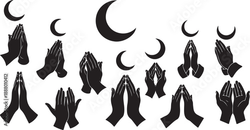 Praying hands silhouettes with crescent moon icons in black