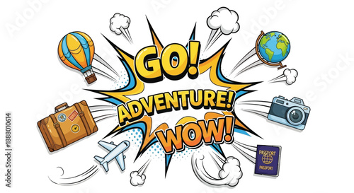 Exciting travel adventure elements arranged around text