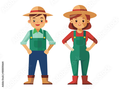 Vector flat illustration set of line art female and male farmer agricultural workers in uniform poses