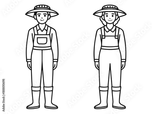 Vector flat illustration set of line art female and male farmer agricultural workers in uniform poses
