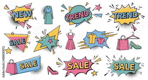 Fashion sale icons with clothing and accessories displayed prominently
