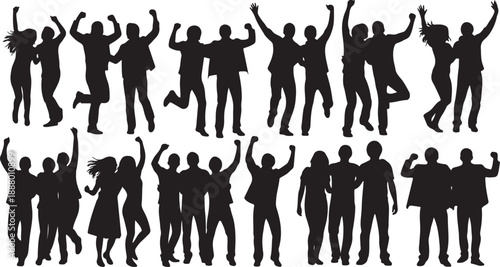 Silhouettes of people jumping and celebrating with joy together