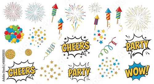 Vibrant Party Elements with Fireworks and Confetti