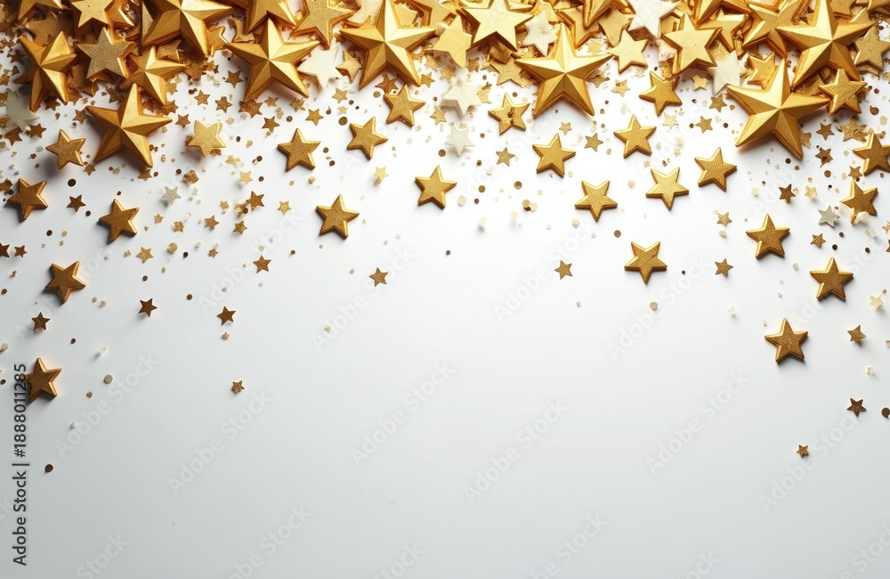 Naklejka premium Golden stars and confetti scattered across a clean white surface. This festive arrangement offers a copy space for event invitations, celebrations, or holiday greetings.