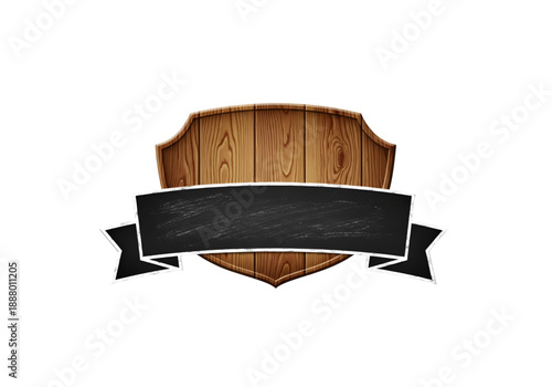 Wooden shield with black chalkboard ribbon png on transparent background
