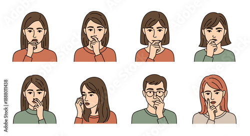 A diverse group of individuals, both men and women, express various states of discomfort and worry through their hand gestures and facial expressions.
