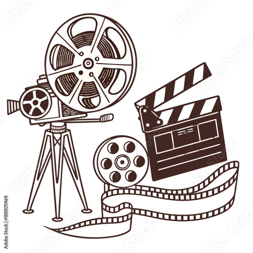 Retro Movie Night Collage: Film Reels, Camera & Cinema Icons