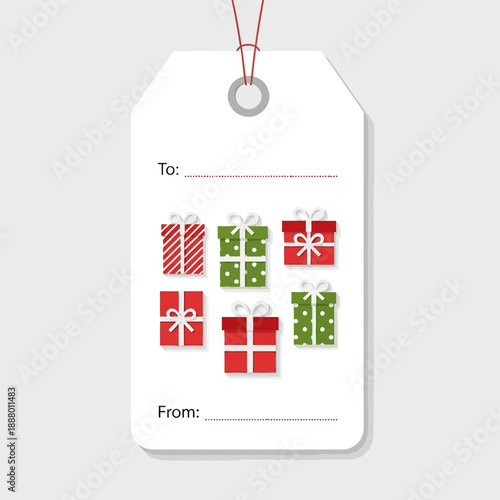 Customizable Christmas gift tag template with red and green presents and blank spaces for recipient and sender names.