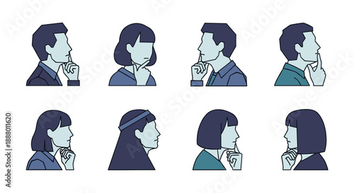 A collection of diverse male and female profile icons, each thoughtfully posed with a hand to their chin, symbolizing deep contemplation and problem-solving.