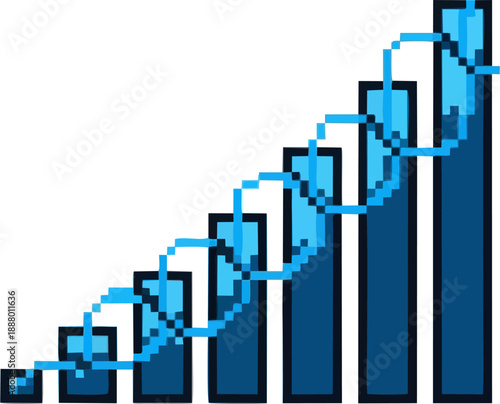 Pixelated bar graph with upward trend and fluctuating blue line, representing growth and data analysis