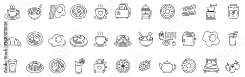 Breakfast Icons Set Vector Outline Collection with Coffee, Pancakes, Eggs, Bacon, Toast, Croissant, Cereal and Morning Food Symbols