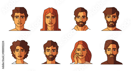 A diverse collection of illustrated human faces, showcasing various hairstyles and facial hair, each expressing a distinct emotion or mood.