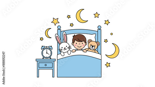 Little boy sleeping comfortably in a blue bed with a stuffed rabbit and teddy bear surrounded by stars and moons.
