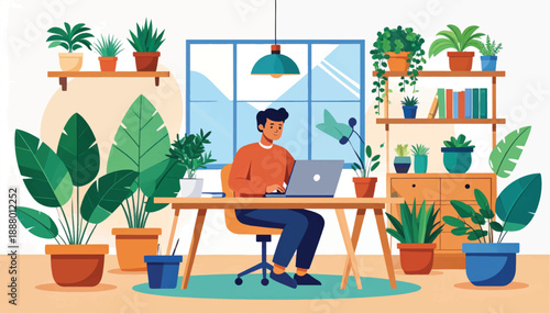 Man Working on Laptop Surrounded Plants.
