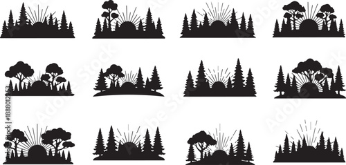 Black silhouettes of trees and forests at sunrise sunset