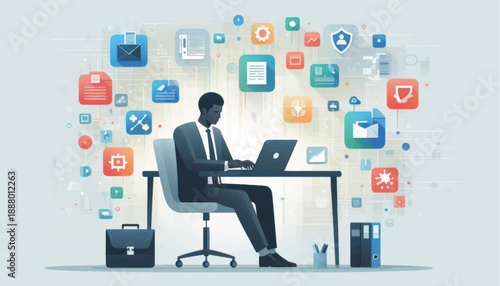 Man Working on Laptop with Social Media Icons.