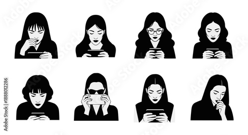A captivating collection of eight black and white illustrations depicting diverse women engrossed in their smartphones, showcasing modern digital engagement.