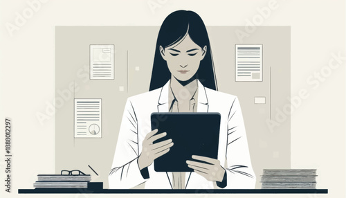 Woman in Lab Coat Using Tablet Computer.