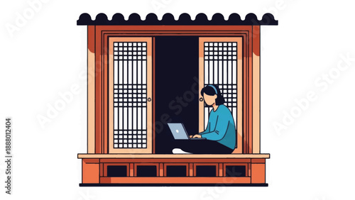 Woman Working on Laptop at Window.