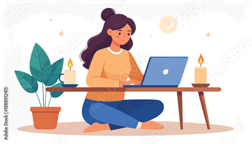 Woman Working on Laptop with Candles.