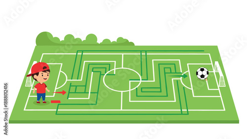Educational soccer field maze puzzle game for children featuring a young player trying to reach the ball and goal.