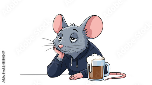 Depressed cartoon rat wearing a dark hoodie sitting with a glass of beer and looking tired on a white background.