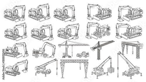 Excavator and Crane CAD Vector Set for Construction and Engineering Design