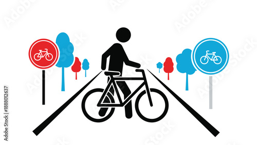 Cyclist walking with a bicycle on a designated bike path features colorful signage and stylized trees in a clean vector style.