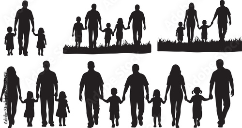 Silhouettes of happy families with parents and children together