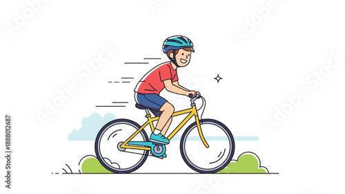 Energetic young boy wearing a safety helmet and riding a yellow bicycle fast through a green park on a sunny day.