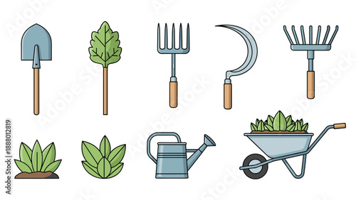 Extensive collection of colorful garden tools and equipment including a shovel, rake, watering can, and wheelbarrow.