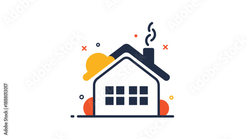 Minimalist stylized house icon with a smoking chimney and colorful abstract decorative elements on a white background.